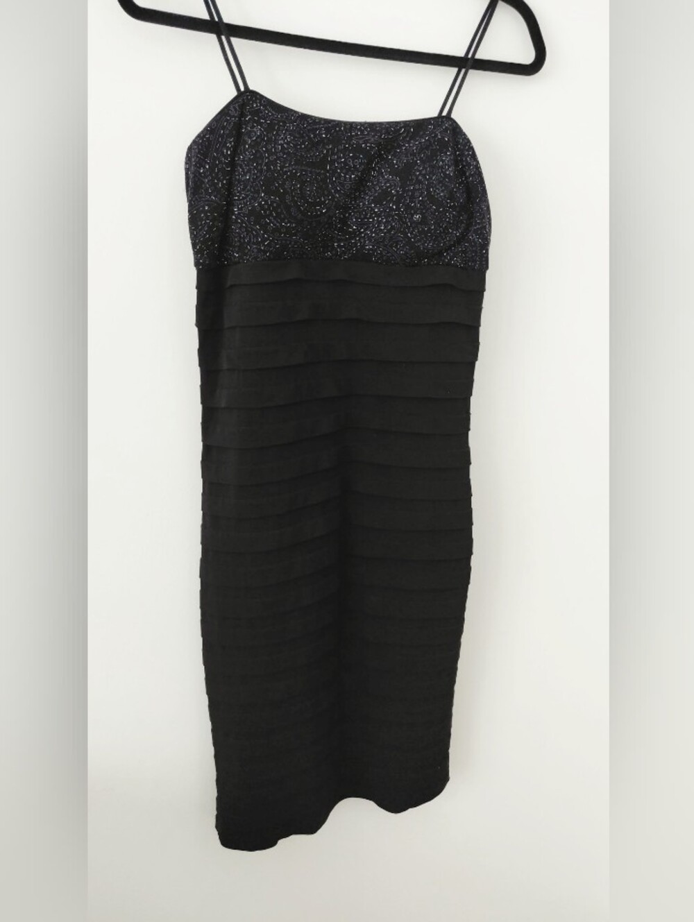 Black Tiered Spaghetti-Strap Dress with Glitter Bust